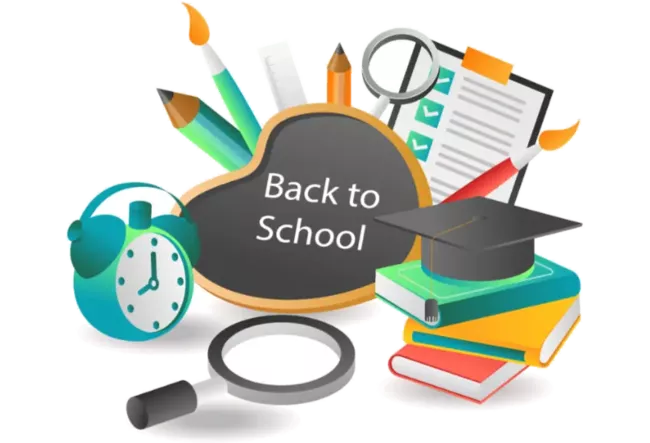 Das Bild zeigt verschiedene Gegenstände, die symbolisch für „lernen“ stehen: Wecker, Lupe, Bücher, Stifte, Doktorhut und eine Tafel mit dem Schriftzug "back to school".