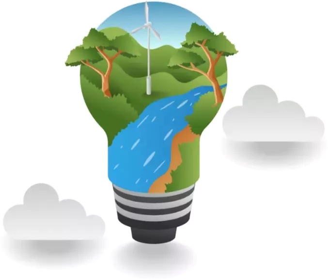 Eine grüne Landschaft mit Fluss und Windrad in einer Glühbirne. Die Grafik symbolisiert, dass Nachhaltigkeit und Klimaschutz bei "Text und Content Marketing Selting" Teil der Unternehmensphilosophie sind.