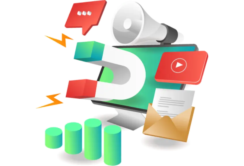 Das Bild im Comic-Style zeigt einen Magneten, einen Lautspreche und verschiedene Symbole aus den Bereich Datenanalyse vor einem Monitor. Das Bild steht symbolisch für Content Marketing mit „Text und Content Marketing Selting“.